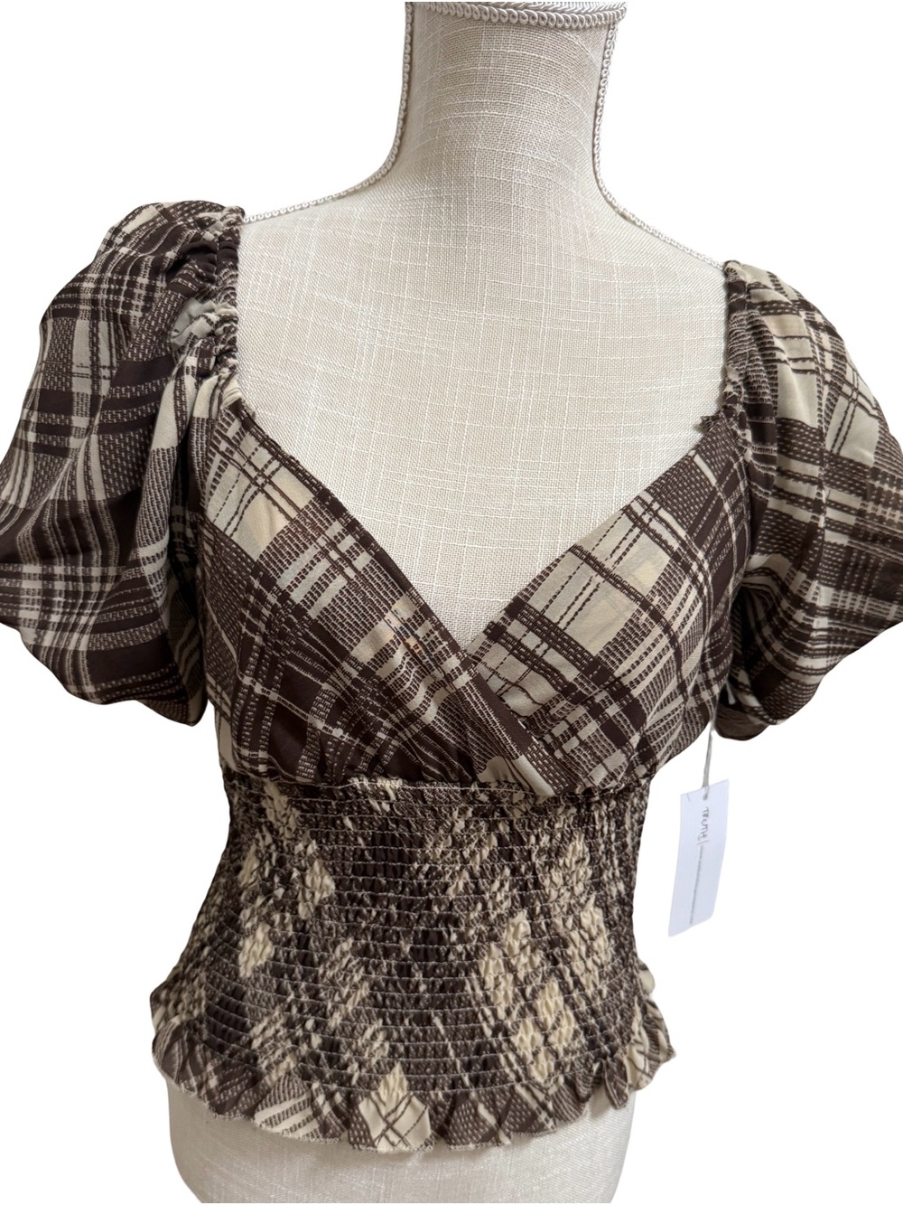Truth Brown and Cream Plaid Smocked Waist Puff Sleeve Blouse